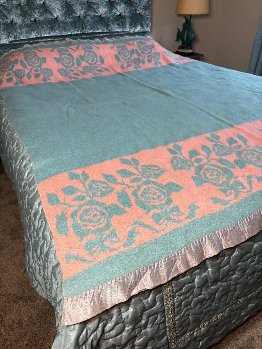 Mid Century Twin Size Floral Pink & Sea Foam Green Blanket w Satin Trim